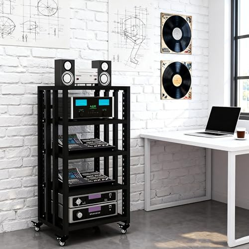 Laohucai 5-stufiger AV-Medienständer mit Rollen, höhenverstellbares Audio-Rack, Medienkonsole für Zuhause, abschließbarer Rollwagen für Plattenspieler, Spielekonsolen, DVD-Player und Receiver