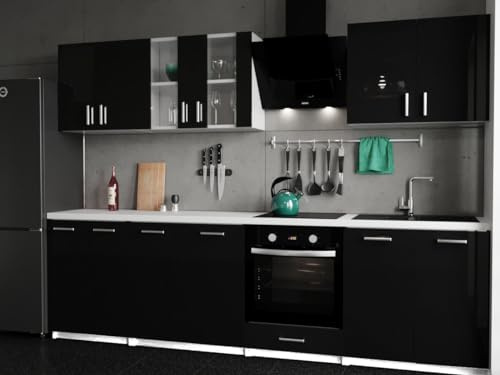 roe furniture Moderne Küchenzeile ohne Elektrogeräte in Schwarz Hochglanz – Einbauküche mit viel Stauraum – Erweiterbares 2,8-m-Set inkl. Arbeitsplatten in Sonoma – 280 x 82 x 46 cm (B/H/T)