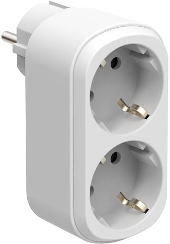 Electraline 55094 Adaptador Doble Prima 2 Tomas 16A (2P+E) Schuko Frontal, Regleta de 2 Tomas Schuko, Blanco