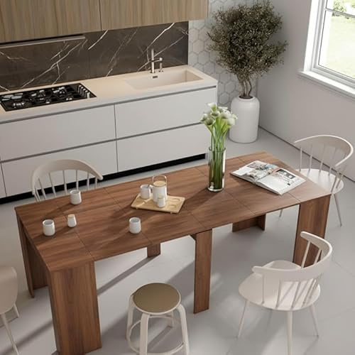 Cybert Tavolo Consolle Allungabile fino a 3 Metri – 12 Posti – Piano MDF – Guide Telescopiche Alluminio – Da Console 50 cm a Tavolo Pranzo 300 cm – tavolo per 12 Persone (Legno noce)