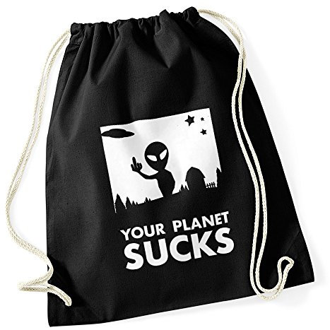 MoonWorks Turnbeutel Your Planet Sucks Alien UFO Hipster Beutel Tasche Jutebeutel Gymsac Gymbag schwarz Unisize