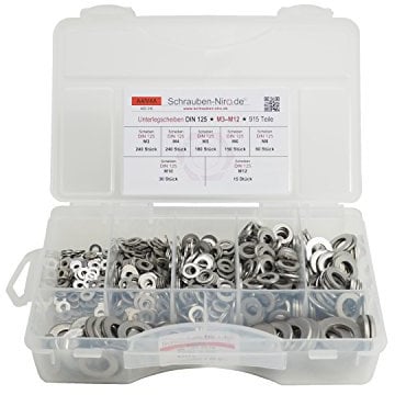Sortiment Edelstahl A4 Unterlegscheiben DIN 125, M3 bis M12, 915 Teile, Material: V4A VA