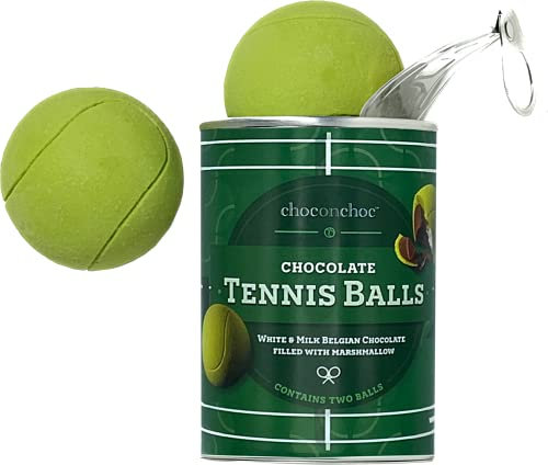 Choconchoc Handmade Belgian Chocolate Tennis Balls in Tin - Milk & White Chocolate with Marshmallow Centres - Great Gift for Tennis Fans - Made in the UK - Natural Ingredients & Colouring - 160g
