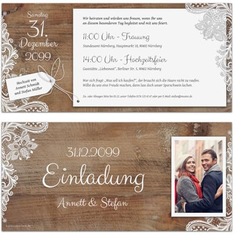 Kartenmachen.de 10 x Hochzeitseinladungen individuell mit Ihrem Text und Foto als DIN Lang Ticket 99 x 210 mm - Rustikal mit weißer Spitze