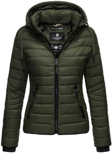 Navahoo Damen Steppjacke XS-XXL leichte Übergangsjacke mit abnehmbarer Kapuze, wasserabweisend, taillierter Schnitt B650 (XS,Olive)