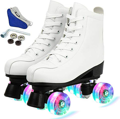Simanli Rollschuhe für Damen, vier Räder, Rollschuhlaufen, PU-Leder, für drinnen und draußen, zweireihige Skate, Schuhe mit Tasche (weißer Blitz, 40)