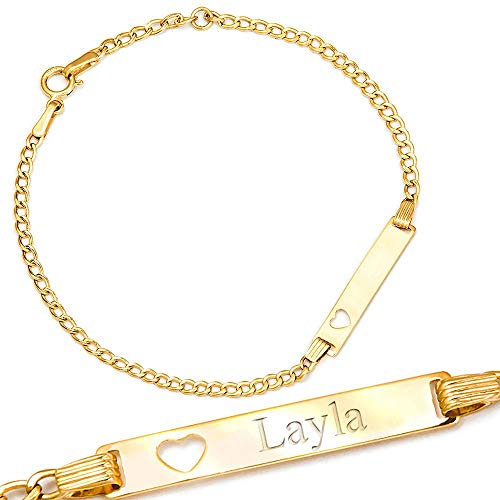 Maverton ID Kinderarmband 585 Gold mit Gravur mit Herzen + personalisierte Geschenkbox - Armband mit Namen und Datum zur Geburt zur Taufe - zum Geburtstag - Länge: 14-16 cm - 14 Karat