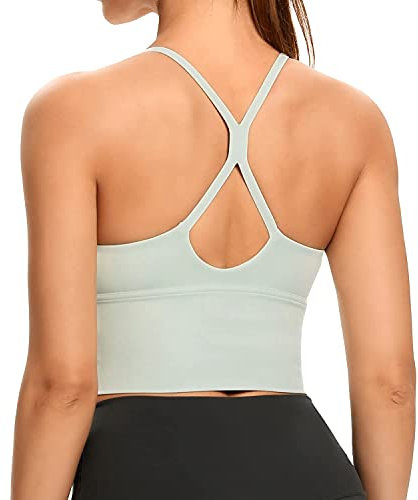 Lemedy Damen-Sport-BHs, lange Träger, gepolstert, für Workout, Yoga, Laufen, bauchfreies Tanktop, lichtgrün, Large