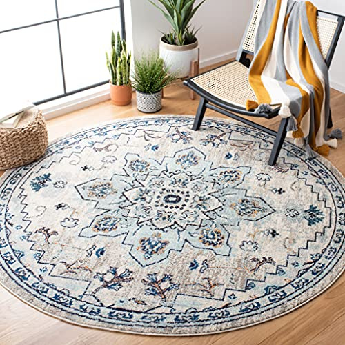 SAFAVIEH Boho Teppich für Wohnzimmer, Esszimmer, Schlafzimmer - Madison Collection, Kurzer Flor, Elfenbein und Hellblau, 160 x 160 cm