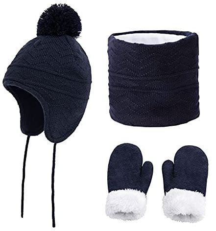 JFAN Motif Vague De Diamant Chapeau d'Hiver pour Enfants avec éCharpe et Gants - Ensemble De 3 Pièces BéBé - Marine S