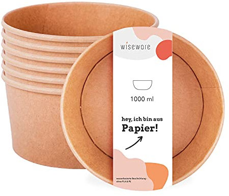 Wiseware Ensaladera desechable To Go marrón, 200 unidades de papel, redonda, 1000 ml, sin PLA/PE, biodegradable, con revestimiento a base de agua