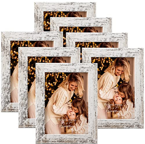 PETAFLOP 7x5 Photo Frames Set of 7, Distressd White Frames Display 5 by 7 Inch Picture for Wall or Tabletop