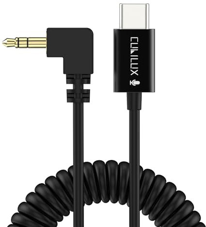 Cubilux Cavo audio USB C a 3,5 mm maschio a spirale corto, compatibile con iPhone 16/15, iPad Pro 13/12, Galaxy S25/S24, Pixel 9, cavo AUX tipo C ad angolo retto per autoradio, altoparlante, 30 cm