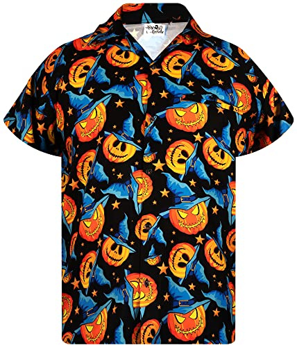 King Kameha Funky Hawaiihemd Herren Kurzarm Fronttasche Hawaii-Print Halloween Kürbis Grusel Funky Pumpkin Prints