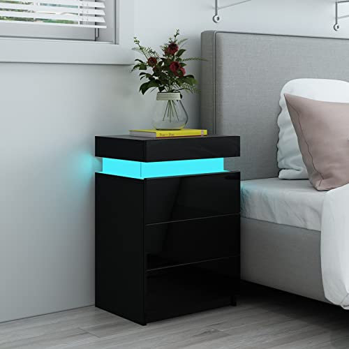 Led Bedside Table Black Gloss Bedroom Unit Sofa Table with 3 Drawers 16 Colors RGB LED Nightstand Cabinet 45 x 35 x 67cm