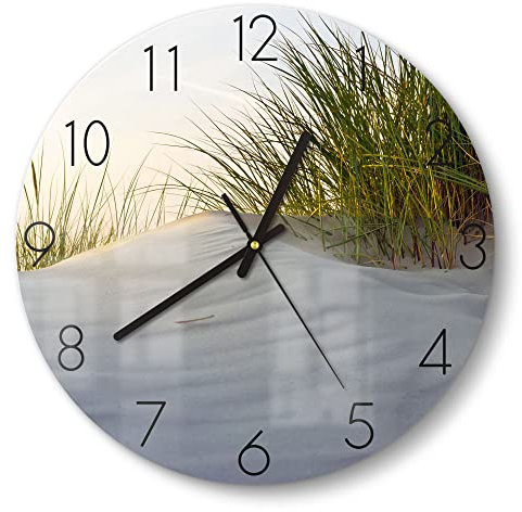 DEQORI Glasuhr | rund Ø 30 cm | Motiv Düne mit Dünengras | ausgefallene leise Design Uhr aus Glas | Wanduhr für Wohnzimmer & Küche | Moderne Hingucker Uhr für die Wand