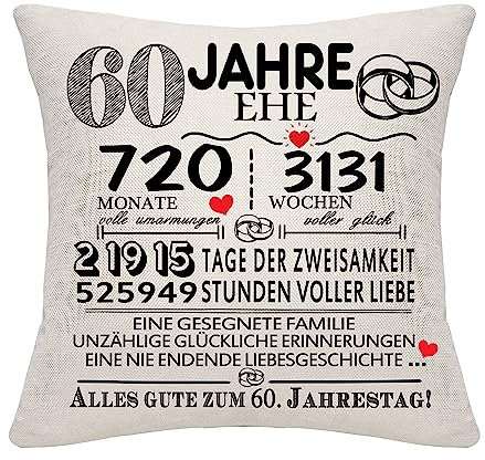 Bommex 60 Jahre Ehe Geschenk 60. Hochzeitstag Kissenbezug Andenken Dekoration Geschenk für Paare Eltern Frauen Männer Mama Papa Ehemann Ehefrau Oma Opa Tante Onkel Freunde (60. Jahrestag)