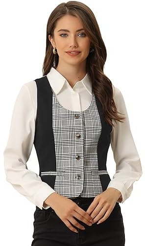 Allegra K Damen Ärmellos Vintag Plaid Kariert Knopfleiste Dressy Weste Schwarz M
