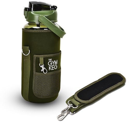 Gym Keg 2.2L Water Bottle Carrier with Shoulder Strap - Includes Phone Holder - Leak Proof - Bottle Holder Bag - Large Capacity - Gym Water Bottle with Sleeve for Active Lifestyle - Forest Green