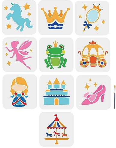 MAYJOYDIY 10 Stück Prinzessinnen Feen Schablone 15x15cm Krone Schloss Kristallschuhe Einhorn Froschkönig Karussell Malvorlage Mit Pinsel Fantasy Märchen Schablonen Für Heimwerker Heimdekoration