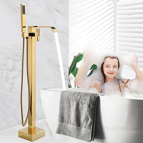 Robinet Sur Pied Baignoire Ilot Cascade, Monotrou 2 Modes Mitigeur pour Baignoire ilot, Mitigeur De Bain Orientable 360°,or