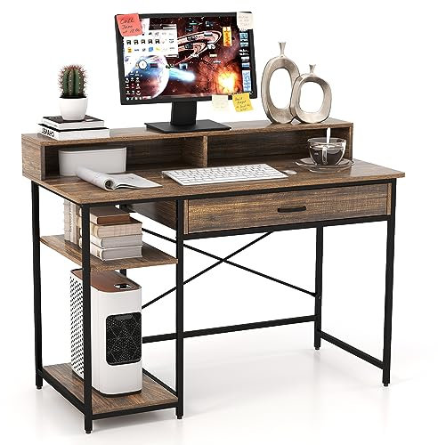 GIANTEX Schreibtisch Computertisch, PC Tisch Bürotisch mit Monitorständer, Arbeitstisch Office Tisch mit Schublade & 2 Ablage, Computer Schreibtisch Holz & Metallrahmen, 120x56x90,5 cm Rustikalbraun