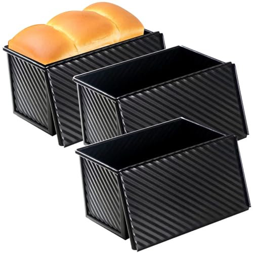 EGEN Bread Loaf Tins Pans for Baking with Lid, Non-Stick Carbon Steel Baking Bread Toast Mold Loaf Baking Tin Set (Black-3Pcs)