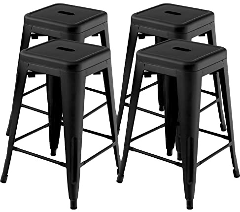 RELAX4LIFE 4er Set Barhocker, Barstühle Metall, Thekenhocker Stapelbar, Küchenstühle mit Fußstütze & Rutschfesten Füßen, bis 150 kg belastbar, Hocker für Thekenhöhe 89-104cm (Schwarz, Sitzhöhe 61cm)