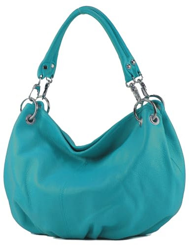 modamoda de IT40 Damen Leder/Nappaleder Schultertasche Hobo Bag handmade in Italy, Farbe:Türkisblau Leder