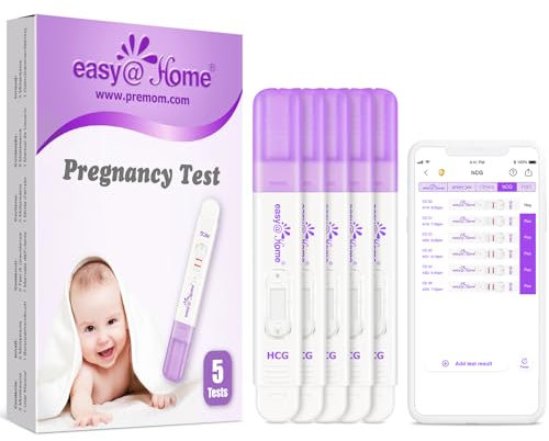 Easy@Home Tests de Grossesse Précoces: 5 Tests de HCG Fiables pour Détection Sensible de la Grossesse, Résultat Précis de 10 mIU/mL Enregistré dans l’App PREMOM