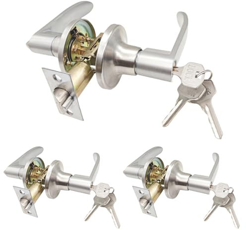 TKSDVTI Poignée de porte intérieure avec clés - Serrure de porte intérieure silencieuse avec clés - Poignée de porte verrouillable pour chambre à coucher, salle de bain (3 x argent, 30 mm-50 mm)