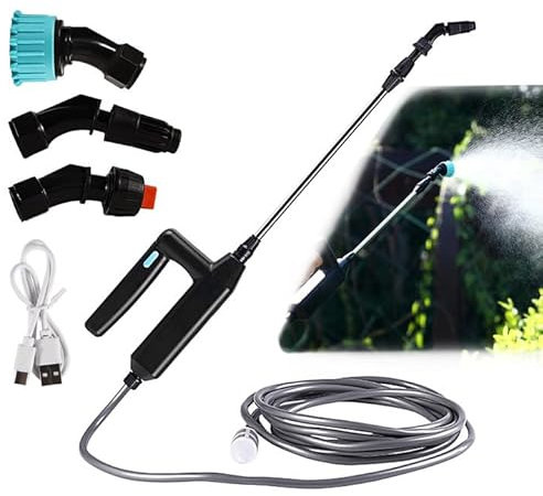 Tulov 7.4V Akku Drucksprüher, Elektrischer Pflanzensprüher mit Teleskopstab, USB Wiederaufladbare, Elektrischer Gießstab mit 3Düsen, Gartenspritze mit 5 Meter Schlauch für Gärten, Höfe, Rasenflächen