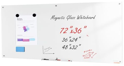 VEVOR Tableau Blanc Magnétique Effaçable à Sec en Verre 182,9x91,5 cm, Grand Tableau Mémo Mural sans Cadre, avec Plateau de Marqueurs, un Effaceur et 2 Marqueurs, pour Bureau École Restaurant Domicile