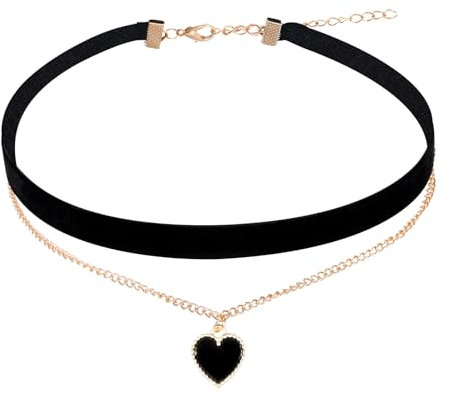 Telooco Trachtenkette Damen Samt Choker Kette Schwarz Halskette mit Herzanhänger Verstellbares Herz Halsband Klassisches Mehrschichtiges Samthalskette SchlüSselbein Kette für Damen Mädchen