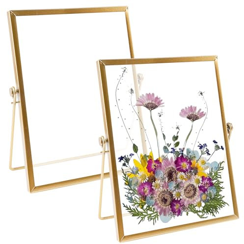 Leikurvo 2 Stücke Bilderrahmen Glasrahmen für Gepresste Blumen: 15 X 20 cm Gold Doppelseitiger Bilderrahmen Metall Desktop Fotorahmen Bilderrahmen Getrockneter Blumen Artwork Bild Display Halter