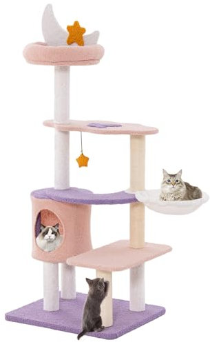 GYMAX Katzenbaum 140 cm, mehrstufiger Kratzbaum mit Sisal-Kratzpfosten, Hängematte & Katzenhöhle, Katzenkratzbaum mit hängenden Spielzeug, Katzenspielzentrum für Wohnzimmer & Schlafzimmer, Lila+Rosa
