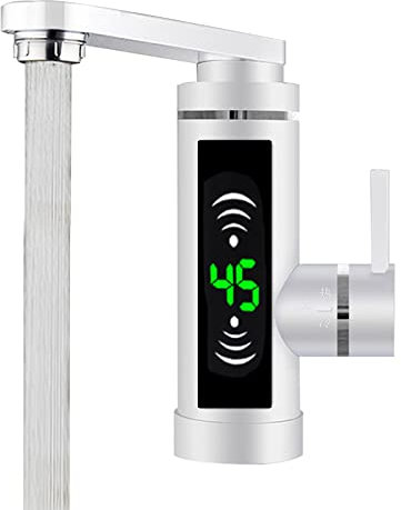 3000W Elektrische Wasserhahn mit LED Temperaturanzeige für Badezimmer, 360° Drehbarer Durchlauferhitzer Warmwasserhahn, Küchen, Waschbecken (Weiß)