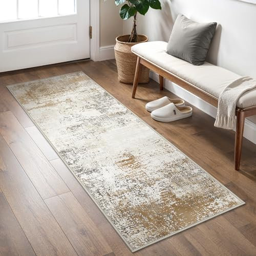 BEIMO Läufer für Flur, 80 x 150 cm, rutschfest, extra lang, waschbar, weicher Niederflor, moderner abstrakter Teppichläufer für Eingangsbereich, Küche, Nachttisch, Waschküche, Gold