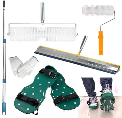 Kit de Herramientas de Autonivelación de Cemento, Con 2 Rodillo de Púas de 23cm + 48cm Rasqueta de Gran Superficie Zapatos de Clavos de 56cm Longitud de Estaca de 3cm y Varilla Larga de 139cm