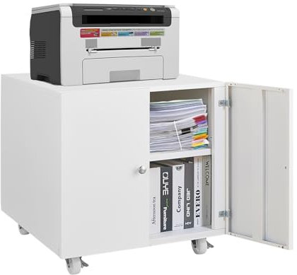 Home Office Druckerständer mit Stauraum - Mobile auf Rädern Druckerschrank, Aktenschrank mit Tür & verstellbarer Ablage, Weiß, kompatibel mit Drucker, Scanner, Fax, Computer