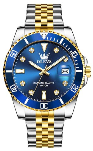 OLEVS Bicolor Herren Uhr Wasserdicht Elegante Edelstahl Herrenuhr mit Datum Analog Silber Gold Armbanduhr Herren Blau Zifferblatt Moderne Leuchtende Herrenarmbanduhr mit Metallarmband Geschenke