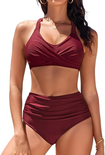 heekpek Conjunto Bikini Mujer Push Up Bañadores Reductores Barriga Bikini Cintura Alta Cuello en V Cruzado Delantero Bañador Natacion Bañadores Mujer Dos Piezas