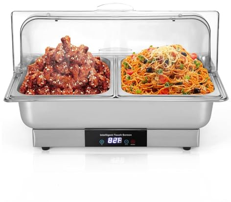 Huxibai Elektrischer Buffetwärmer, elektrische Chafing Dishes - 9Qt Chafing Dish aus Edelstahl | Roll Top Chafing Dish, elektrischer Buffetserver mit Temperaturkontrollanzeige, 2 Serviertabletts für