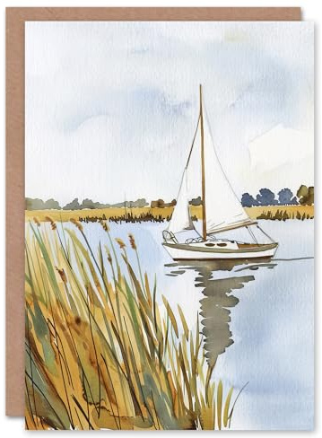 Artery8 Greeting Card Norfolk Broads England River Sailboat Watercolour Blank For Him Or Her Art Birthday Card