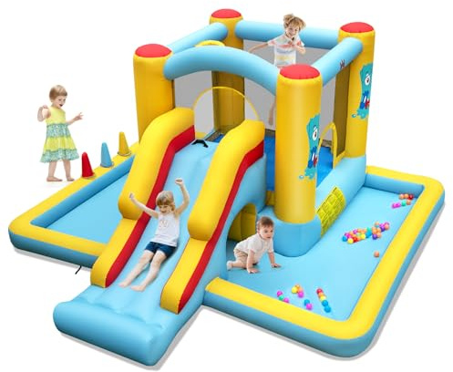 COSTWAY Hüpfburg mit Rutsche, Tunnel, Basketballkorb & Ringwurfspiel, für Indoor und Outdoor, inkl. Bunte Bälle, Basketball, Reparaturset, 394 x 389 x 194 cm