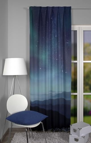 BB-Toy-Trades Verdunklungsvorhang Fertigschal mit Kräuselband Multifunktionsband Kombibandschal Gardine Vorhang Fenstergardine Samtvorhang Blickdicht Blau 1 Stück BxH 120 x 245 cm Motiv Polarlicht