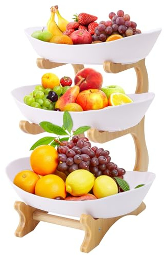 Liwankaqi Etagere 3 Etagen, Obst Etagere Kunststoff Obstschale mit 3 Etagen Obstteller, Obstschalenständer mit Bambusholzständer für Küchen, Korb für Obst, Partys, Hochzeiten