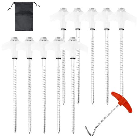 10Pcs Luminous Screw Tent Peg, 20.5cm Heavy Duty Threaded Tent Spikes, Outdoors Galvanized Hex Drillable Ground Anchors with Peg Extractor Nut Driver Drawstring Bag, Rock Pegs for Awning Tarpaulin