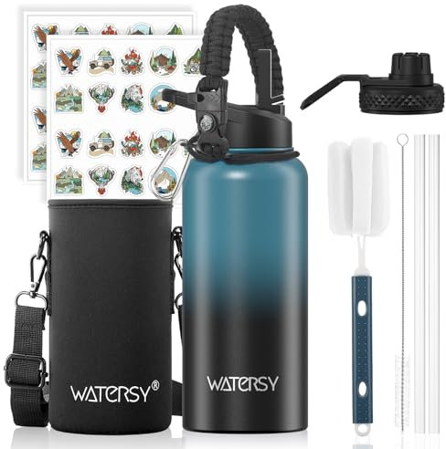 WATERSY Botella de Agua con Pajita 1L, Botella Térmica Gym Acero Inoxidable con 2 Tapas, Doble Pared Aislante, Mantiene Frío 48h/Calor 24h, Sin Fugas & Sin BPA, para Deportes, Viajes (Azul/Negro)