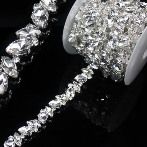 PEARLY JUN 91 Cm Silber Strassband Zum Aufnähen Rhinestone Chain Strasssteine Glitzerband Strassband Chain Kette Glitzer Annähen Trim DIY für Hochzeitskleid Dekoration Kleidung Kuchen